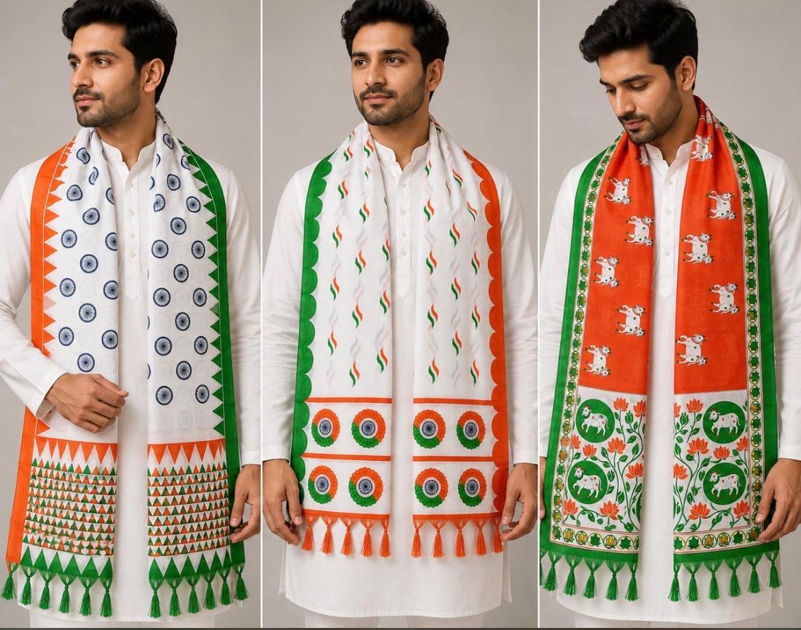 Model wearing tricolor festive dupattas and stoles from Shakun Dupatta House